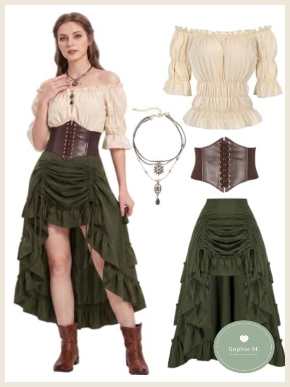 Women's Renaissance Pirate Costume Set Faux Leather Corset Belt Blouse Skirt